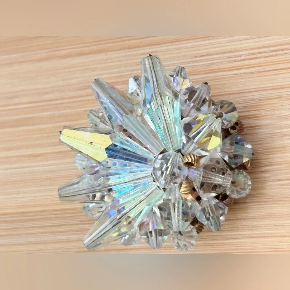 Vintage AB Crystal Starburst Wire Set Beaded Cluster Faceted Pin Brooch 0705 Y